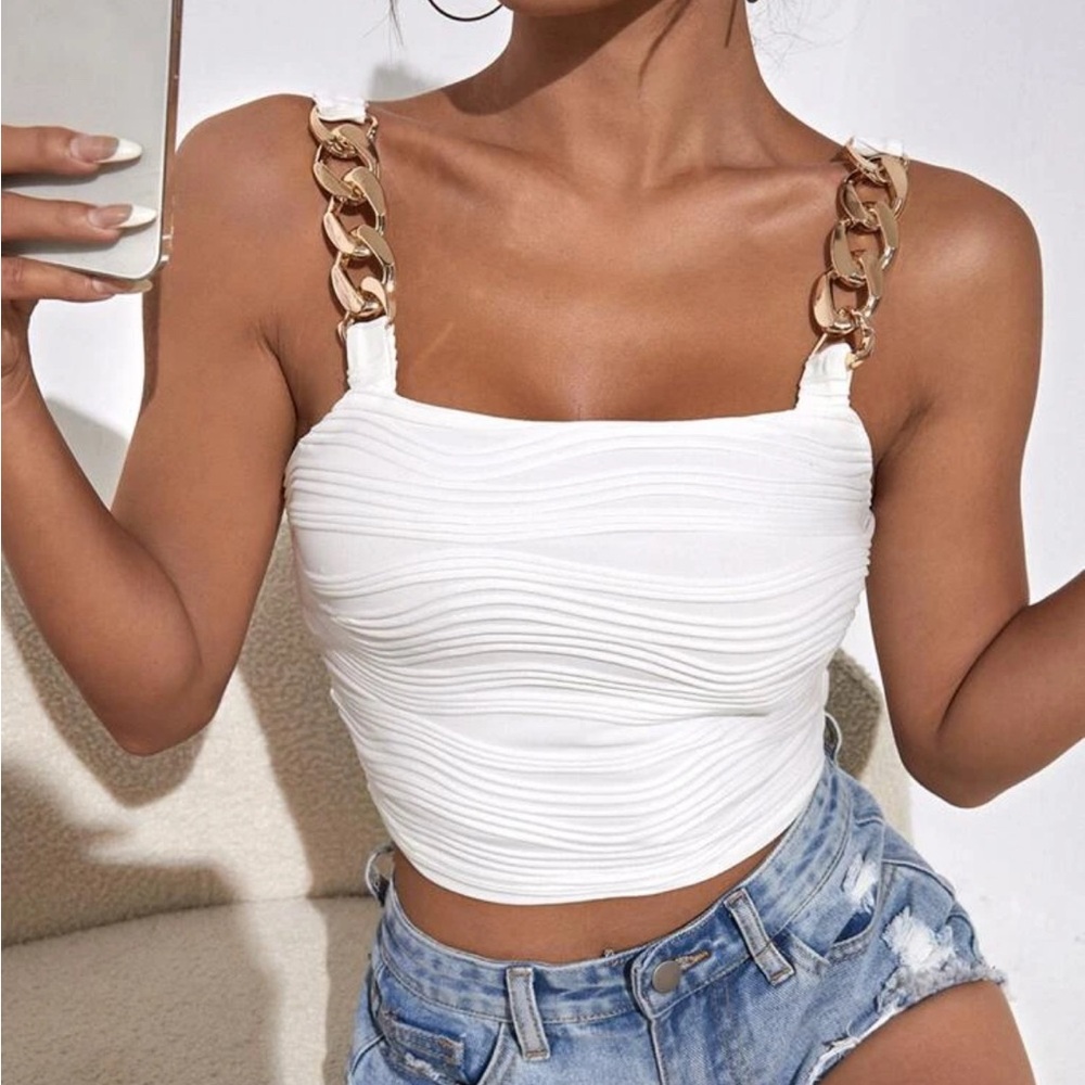 NEW W/ TAGS White Chain Strap Textured Crop Top - Picture 2 of 7